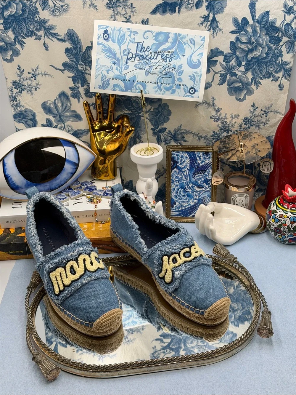 🆕 MARC JACOBS 🧿 NWOB The Marc Frayed Embroidered Logo Espadrille, Denim - Sz 7